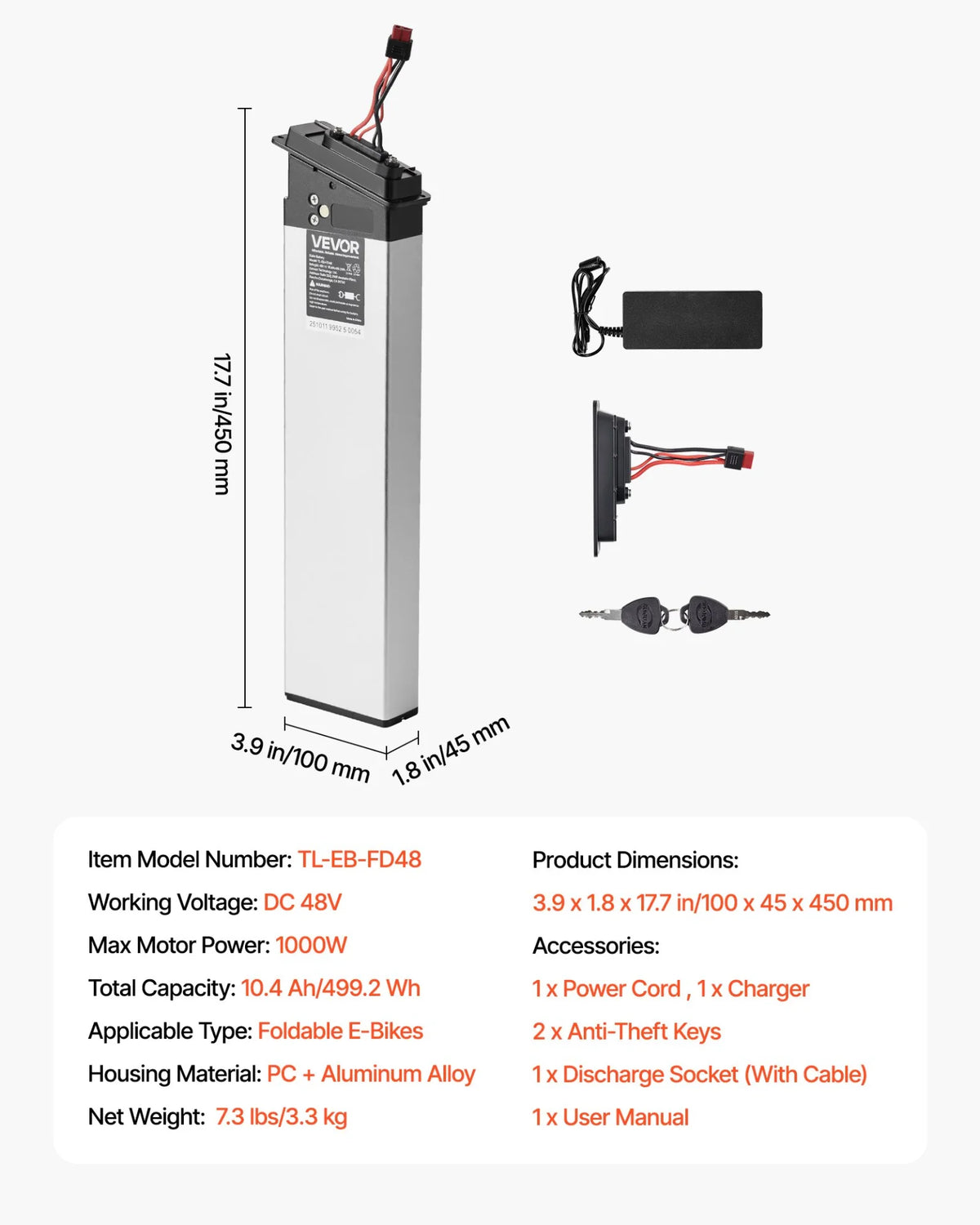 VEVOR Folding Ebike Battery, 48V 10.4Ah Electric Bike Lithium Battery Pack with BMS, 3A Charger, - view 6