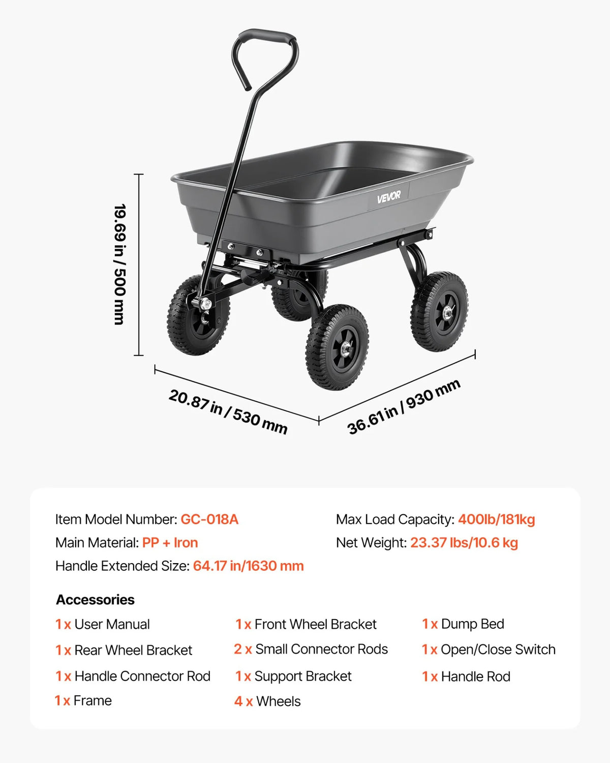 VEVOR Garden Dump Cart, 400 lbs Poly Dump Cart, Garden Carts Dumps Wagon with 90° Quick-Dumps - view 6