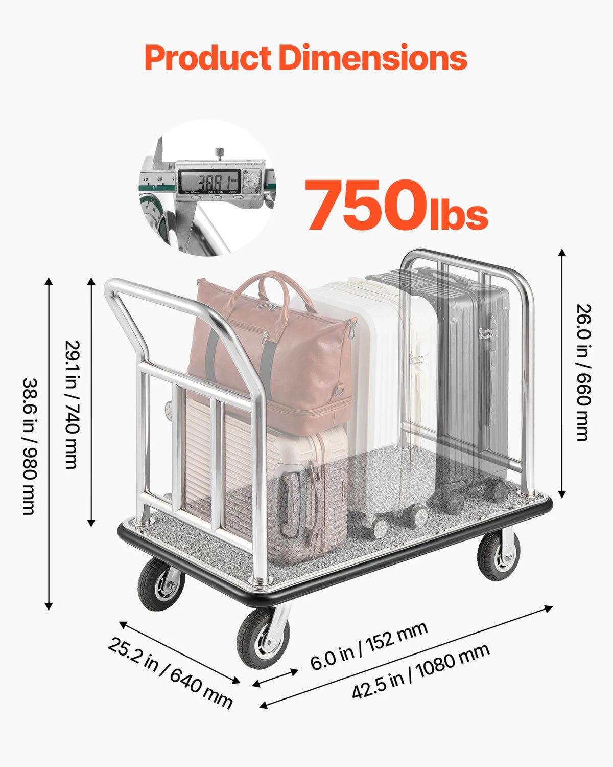 VEVOR Hotel Luggage Cart, 750 LBS Load Capacity, Deluxe Platform Truck with Removable Front Frame, - view 12