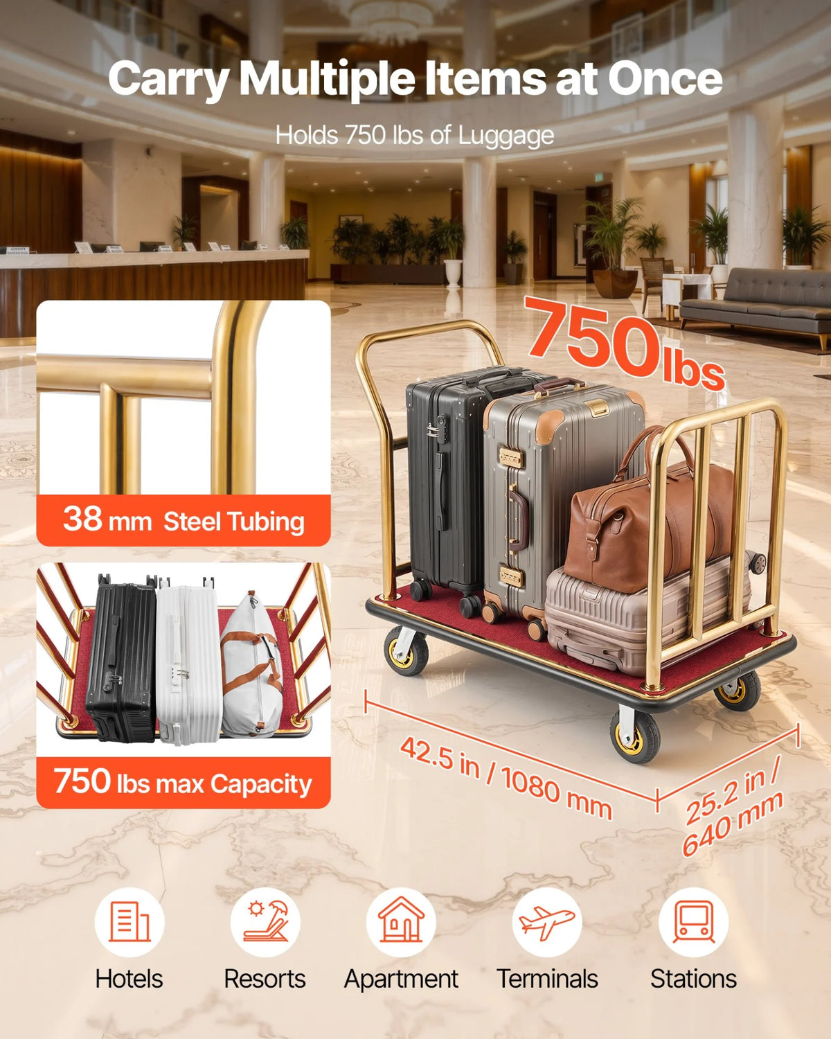 VEVOR Hotel Luggage Cart, 750 lbs Heavy Duty Bellman Cart with Stainless Steel Frame, 6 in Rubber - view 1