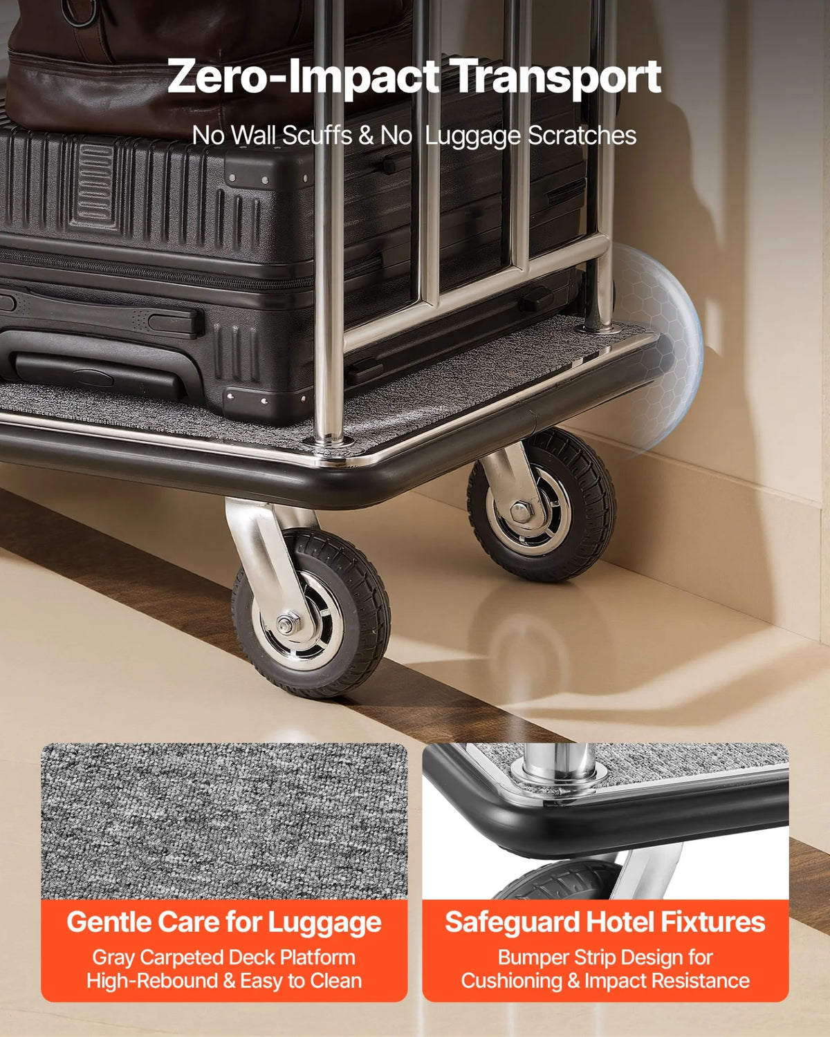 VEVOR Hotel Luggage Cart, 800 LBS Load Capacity, Brushed Stainless Steel Finish Bellman's Cart, - view 15