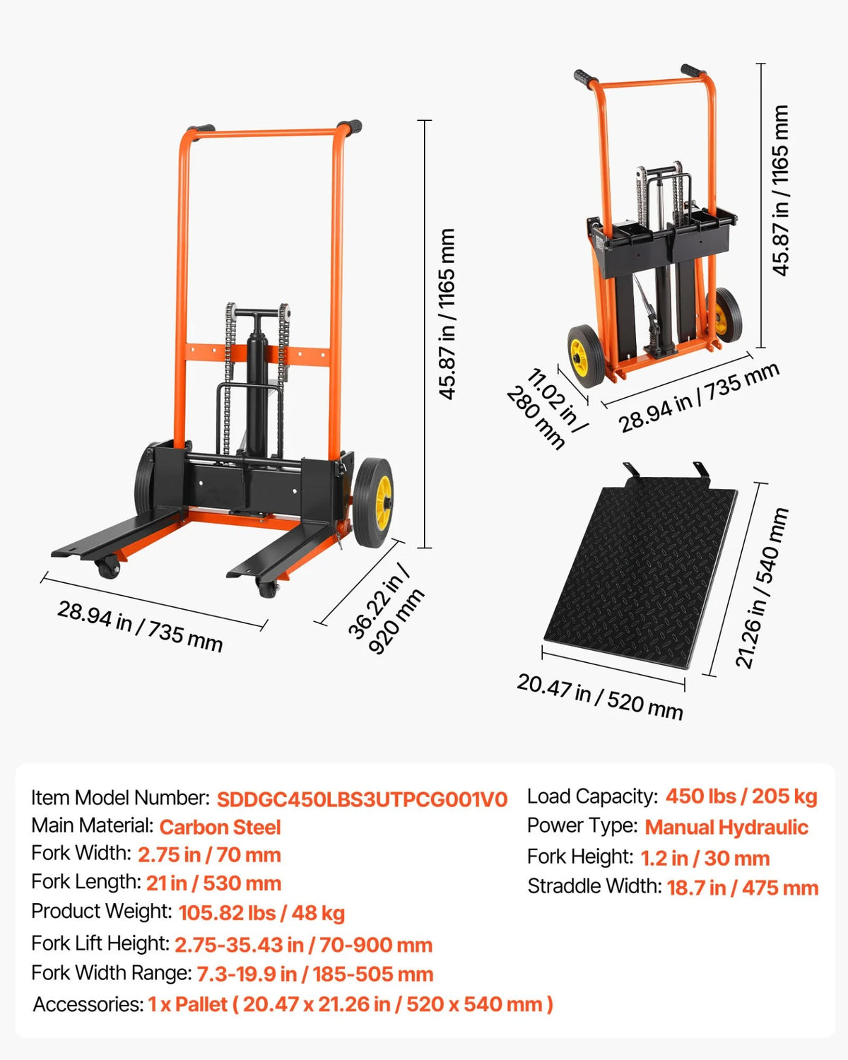 VEVOR Hydraulic Material Lift Winch Stacker, 450 lbs Load Capacity, Pallet Truck Dolly with Fork - view 6