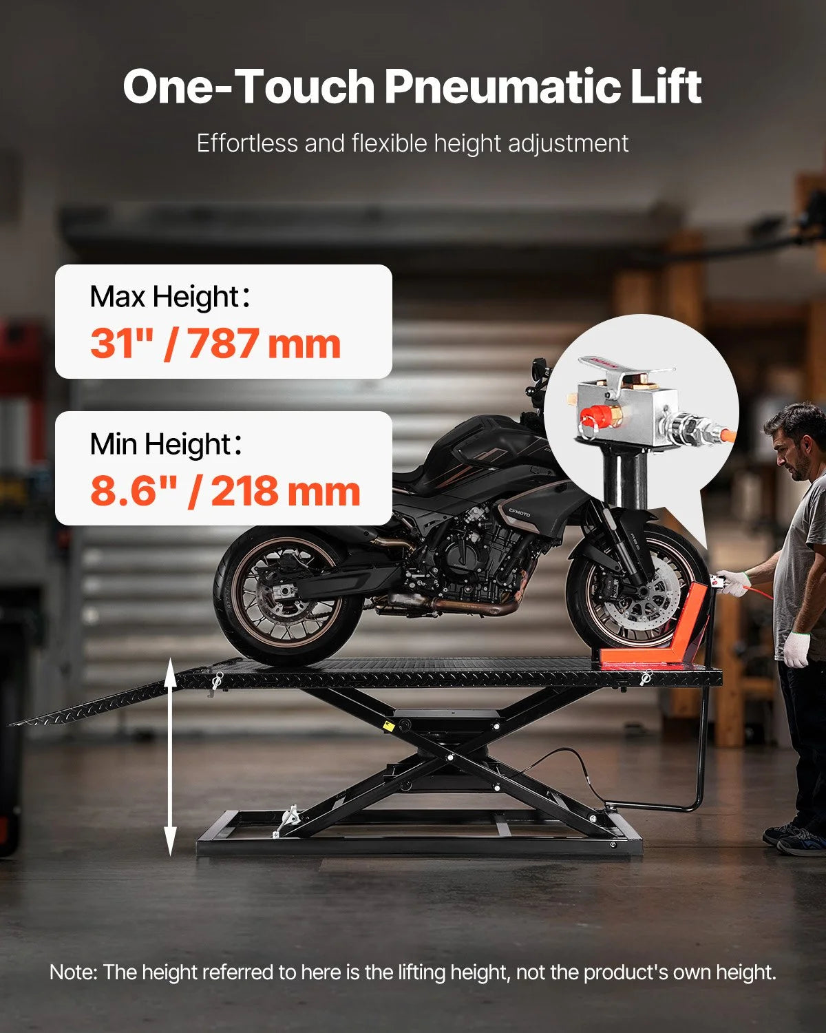 VEVOR Motorcycle Lift Table, 1500lbs Weight Capacity, Pneumatic Motorcycle Jack, 8.6-31 in Height - view 5