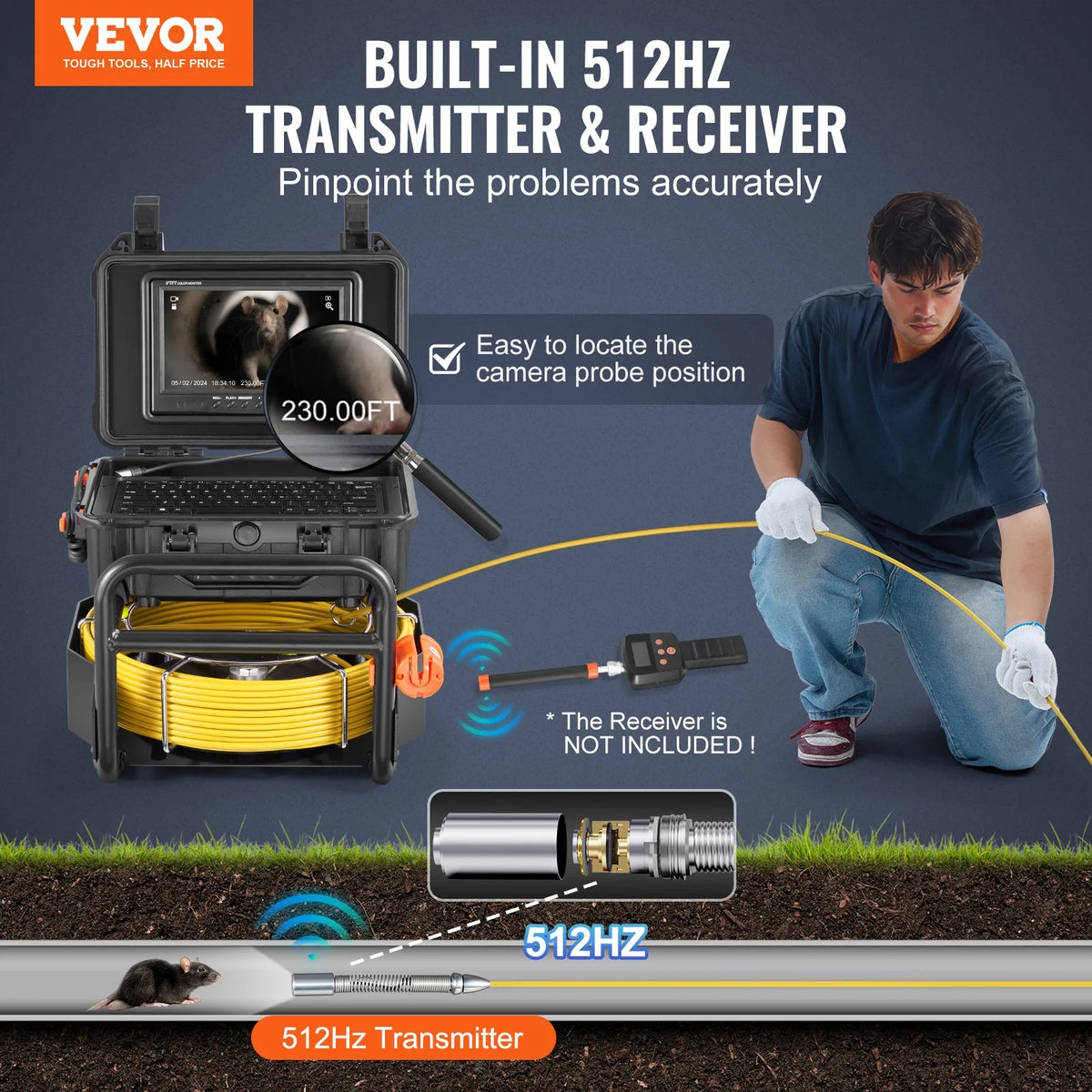 VEVOR Sewer Camera, 230 ft/70m, Self-Leveling Drain Camera with 512Hz Transmitter, Distance - view 1