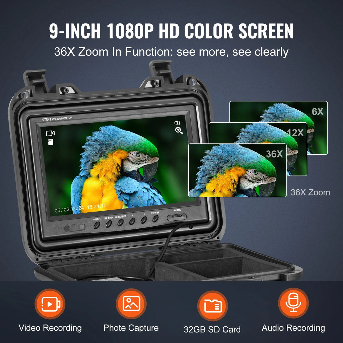 VEVOR Sewer Camera, 98 ft/30m, Self-Leveling Drain Inspection Camera with 9" 1080P HD Screen, 36X - view 2