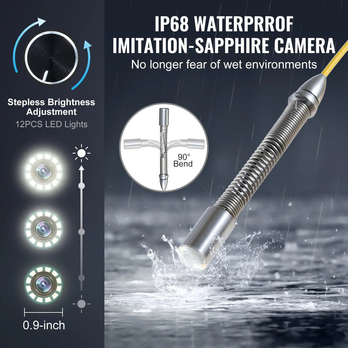 VEVOR Sewer Camera, 98 ft/30m, Self-Leveling Drain Inspection Camera with 9" 1080P HD Screen, 36X - view 3
