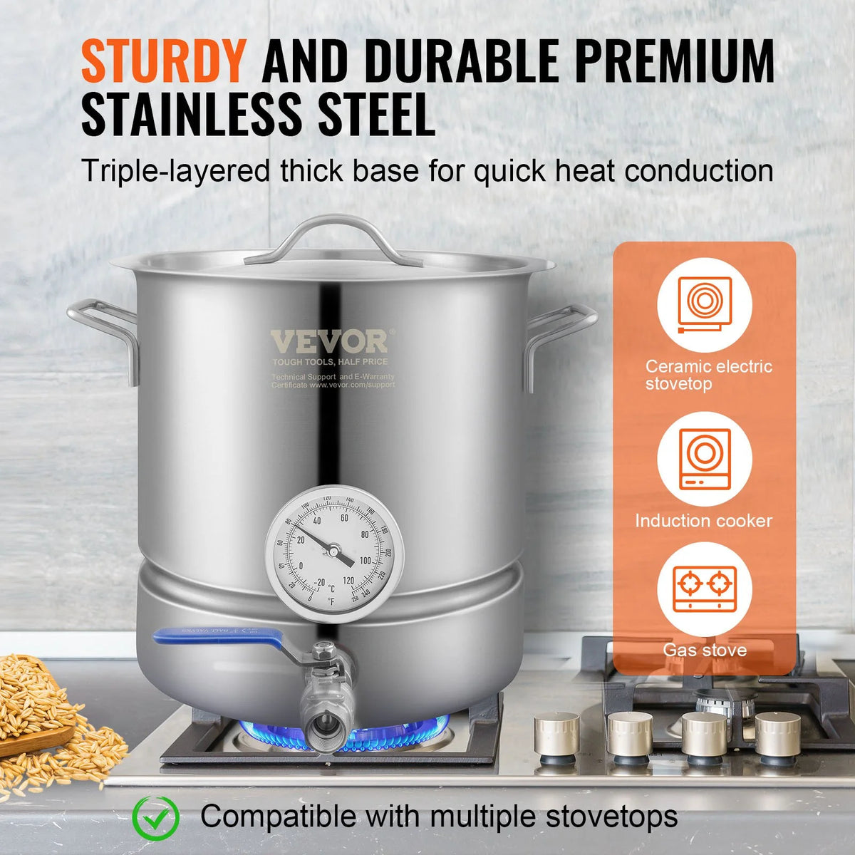 VEVOR Stainless Steel Kettle, 5 GALLON Brewing Pot, Tri Ply Bottom for Beer, Brew Kettle Pot, Home - view 4