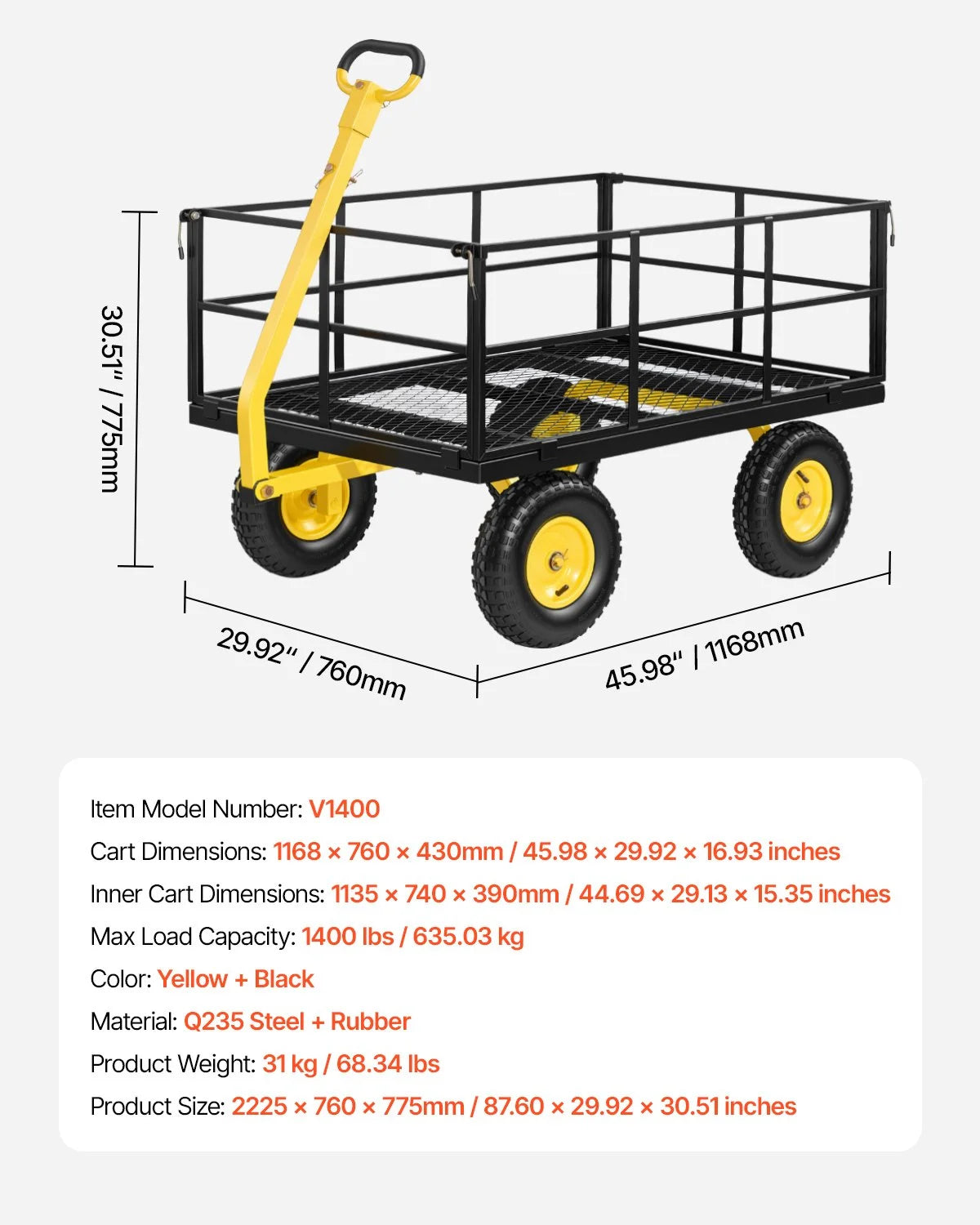 VEVOR Steel Garden Cart, 1400 lbs Heavy Duty Pullable Garden Wagon Yard Cart, 2 in 1 Outdoor Metal - view 6