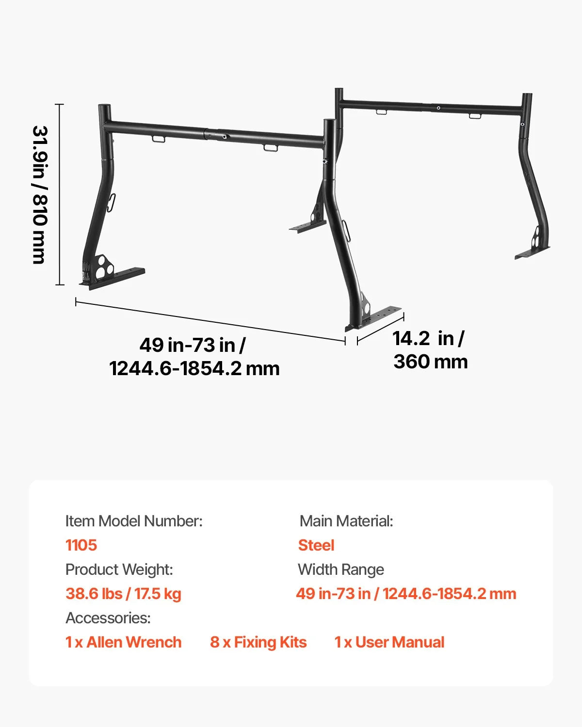 VEVOR Truck Ladder Rack, 49-73 in Width, Extendable Universal Cargo Rack, Heavy Duty Steel with 800 - view 6