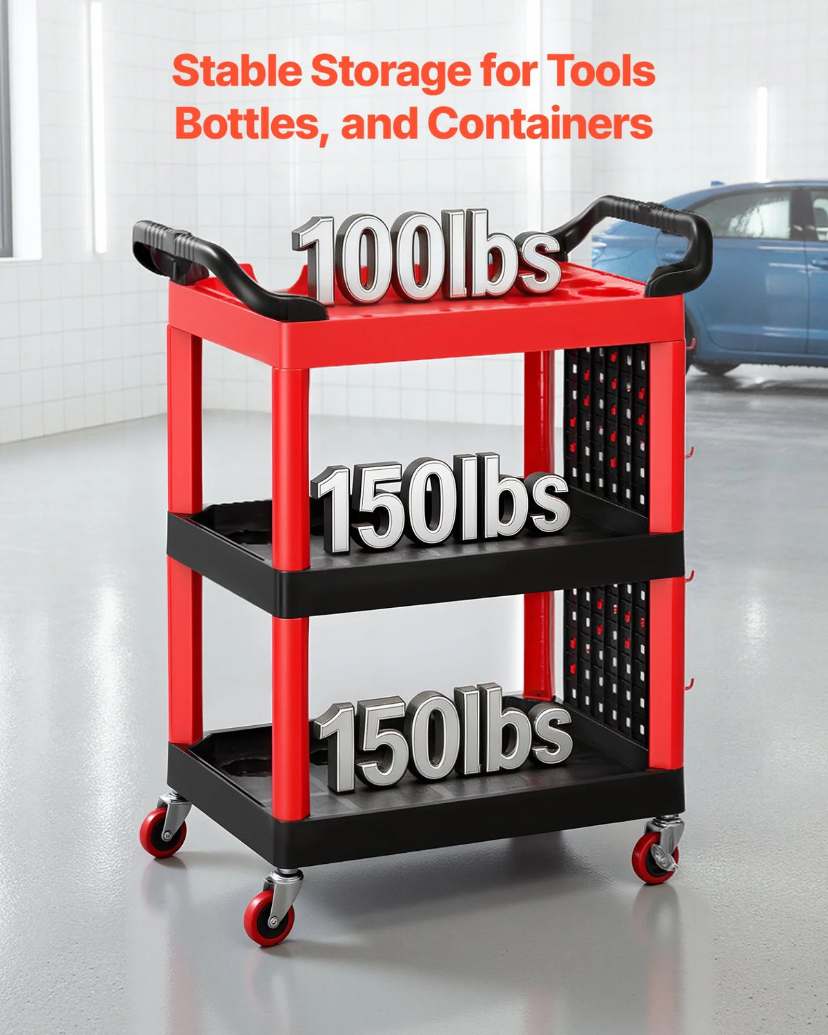 VEVOR Utility Cart, 300 lbs Capacity, 3 Tier Service Cart with 360° Swivel Wheels (2 with Brakes), - view 2