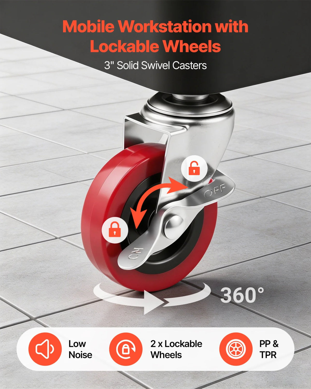 VEVOR Utility Cart, 300 lbs Capacity, 3 Tier Service Cart with 360° Swivel Wheels (2 with Brakes), - view 3