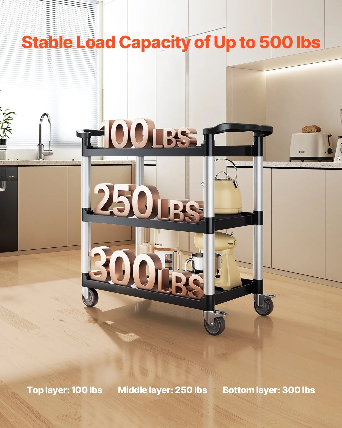 VEVOR Utility Cart, 500 lbs Load Capacity, 3-tier Utility Plastic Cart with 360° Swivel Wheels (2 - view 1