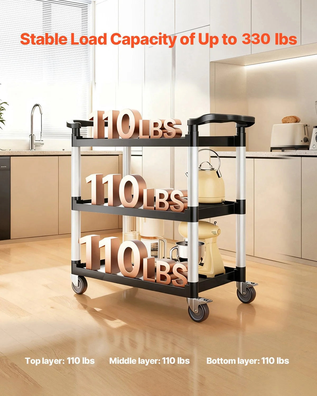 VEVOR Utility Cart, 500 lbs Load Capacity, 3-tier Utility Plastic Cart with 360° Swivel Wheels (2 - view 14