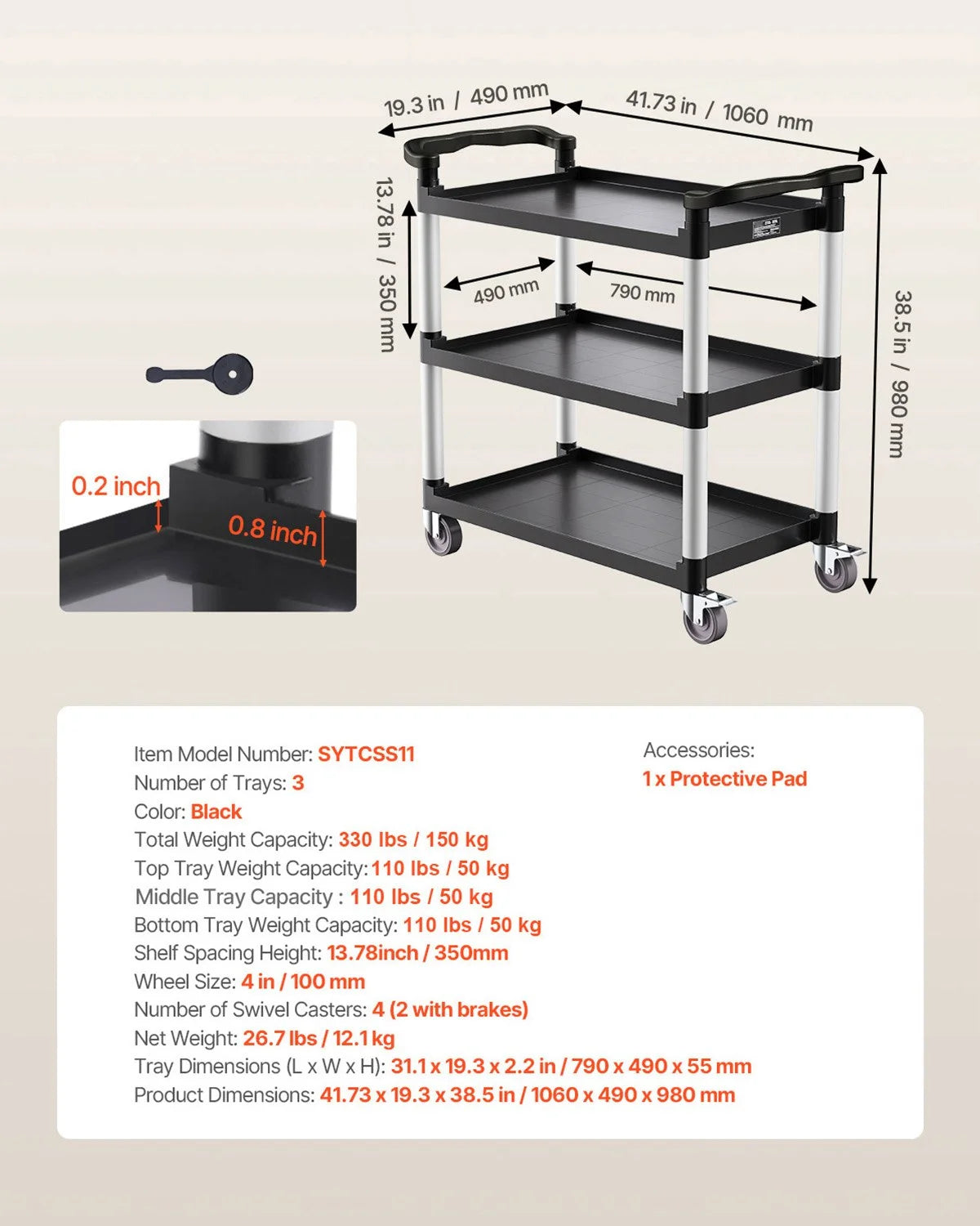 VEVOR Utility Cart, 500 lbs Load Capacity, 3-tier Utility Plastic Cart with 360° Swivel Wheels (2 - view 15