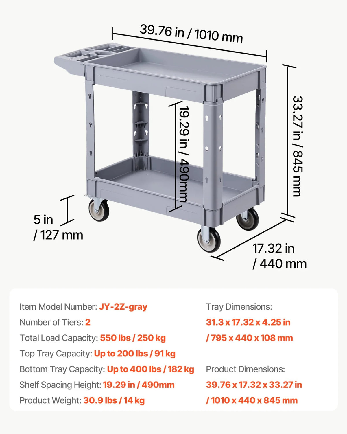 VEVOR Utility Cart, 550 lbs Capacity, 2 Tier Service Cart with 360° Swivel & Fixed Wheels (2 with - view 6