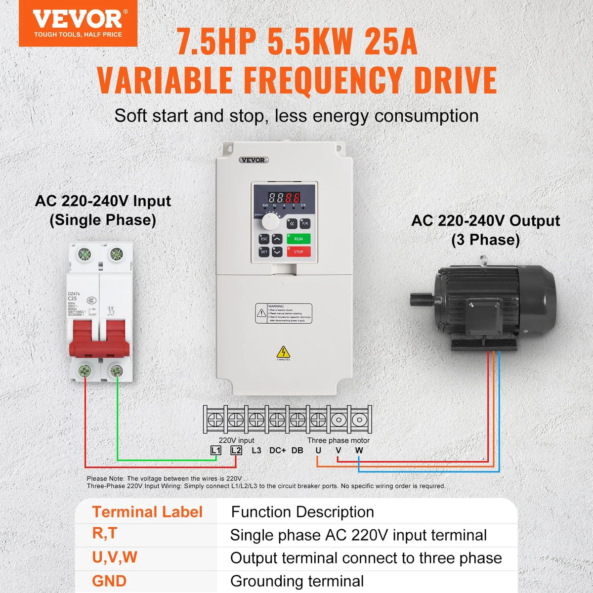 VEVOR Variable Frequency Drive, AC 220V Input 4KW Variable Frequency CNC Drive Inverter Converter, - view 11