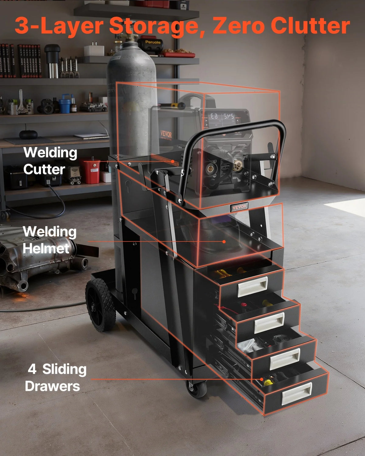 VEVOR Welding Cart, 2-Tier 4 Drawers Welder Cart with 265 LBS Weight Capacity, 360° Swivel Wheels, - view 14