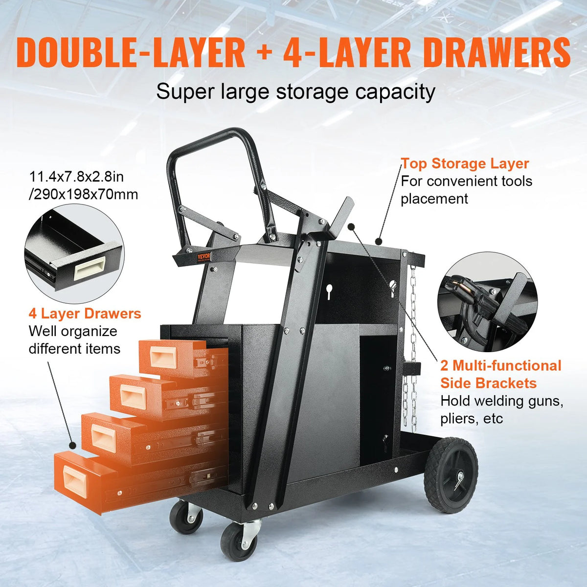 VEVOR Welding Cart, 2-Tier 4 Drawers Welder Cart with 265 LBS Weight Capacity, 360° Swivel Wheels, - view 4