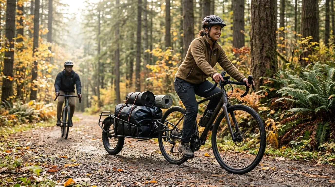 Woman riding a gravel bike on a fall forest trail towing a VEVOR single-wheel bike cargo trailer loaded with camping gear