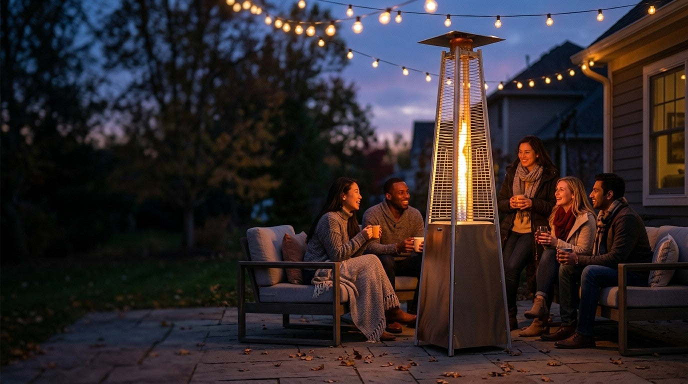 Friends warming up around a pyramid propane patio heater on a fall evening