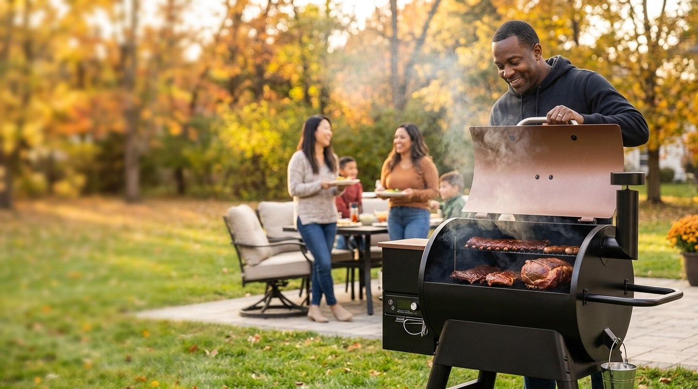 Man opening a wood pellet grill smoker full of ribs at a fall game day cookout