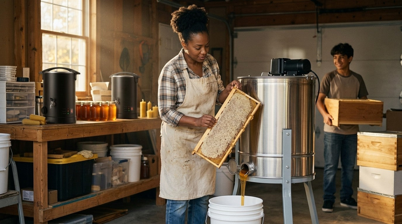 Beekeeper uncapping a honey frame next to a VEVOR electric honey extractor pouring honey into a bucket, with a wax melter and honey jars on the bench