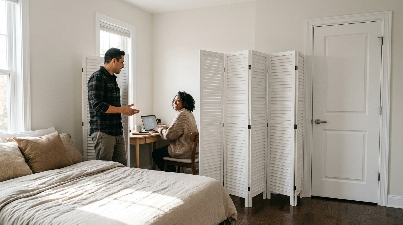 White louvered 8-panel wooden folding room divider separating a bed from a home office desk in a bright bedroom