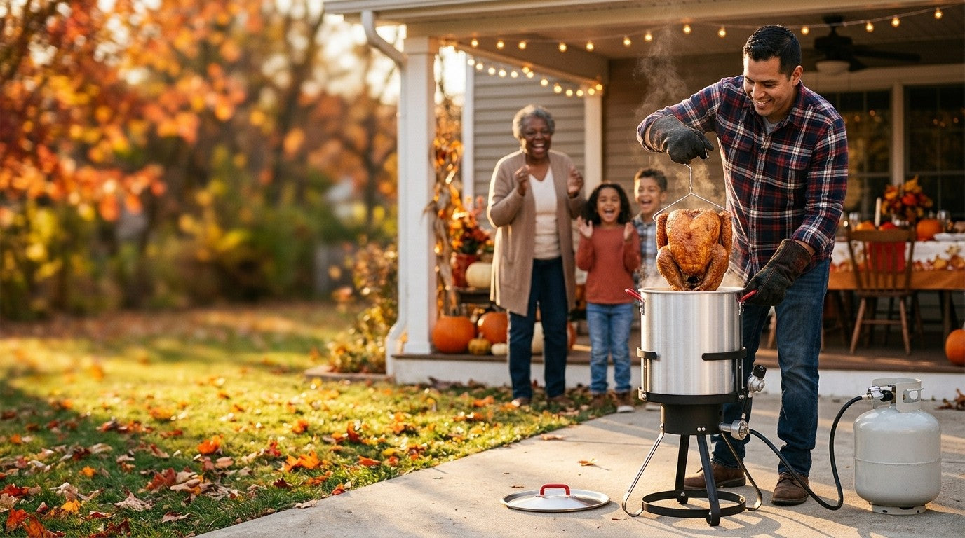 Man lifting a golden fried turkey from a 30 qt outdoor turkey fryer on Thanksgiving