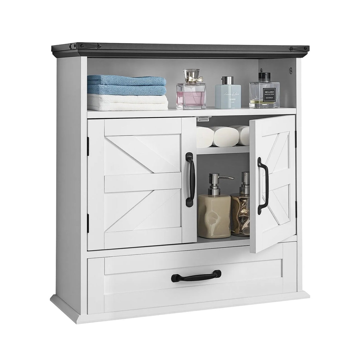 VEVOR Bathroom Wall Cabinet, 2 Doors & Adjustable Shelf, Over the Toilet Storage Medicine Cabinet Wall Mounted, Hanging Organizer with Drawer & Open Partition for Laundry Room Kitchen Restroom, White