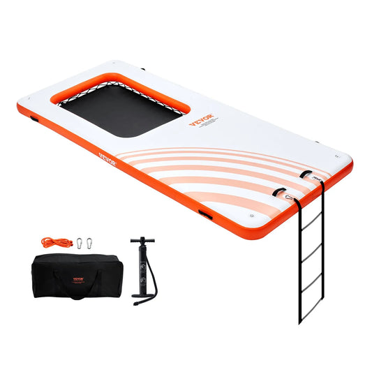 15x6.5FT Inflatable Floating Dock Platform with 4x6FT Trampoline Mesh Pool | Non-Slip Portable Water Mat & Detachable Ladder for Lake & Beach