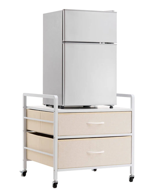 VEVOR Mini Fridge Stand with Storage, 176 lb-Capacity Mini Fridge Table with 2 Drawers & 4 Swivel Wheels, Mobile Mini Fridge Shelf, White Mini Fridge Organizer for Dorm, Apartment, Office, Bedroom