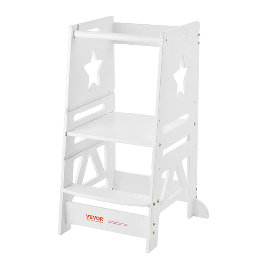 VEVOR Tower Step Stool, 3-Level Height Adjustable Toddler Step Stools for Kids, Kitchen Stool Bamboo Standing Tower Learning Stool with Safety Rail for Kitchen Counter Bathroom, 350LBS, White
