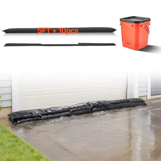 VEVOR Flood Barrier, 10 Pack, 5 x 0.7 ft Flood Bags with Bucket, Reusable Water Absorbent Barrier Activated by Water, Sandless Sandbags Blockage, Flooding Prevention Bags for Basement, Garage, Doorway