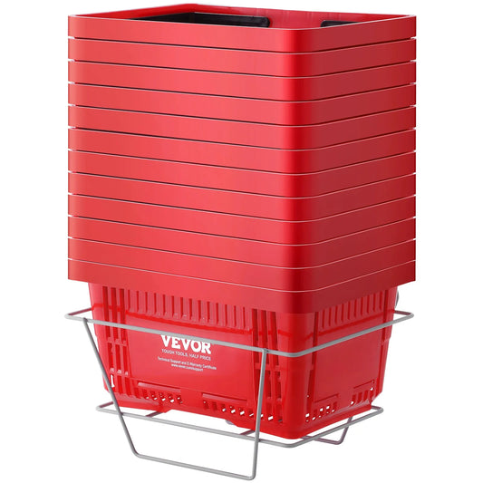 VEVOR Shopping Basket, Set of 12, 24L Durable Plastic Grocery Basket with Handle and Stand, 16.73 x 11.61 x 8.86 inch Portable Shop Basket Bulk Used for Retail Store Supermarket Grocery Shopping, Red