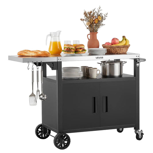 VEVOR Outdoor Grill Cart with Storage Cabinet, 48.9 Inch Grill Table, Waterproof Kitchen Island with Stainless Steel Top, Shelf, and Wheels, Movable Food Prep Station for Patio Bar Backyard BBQ
