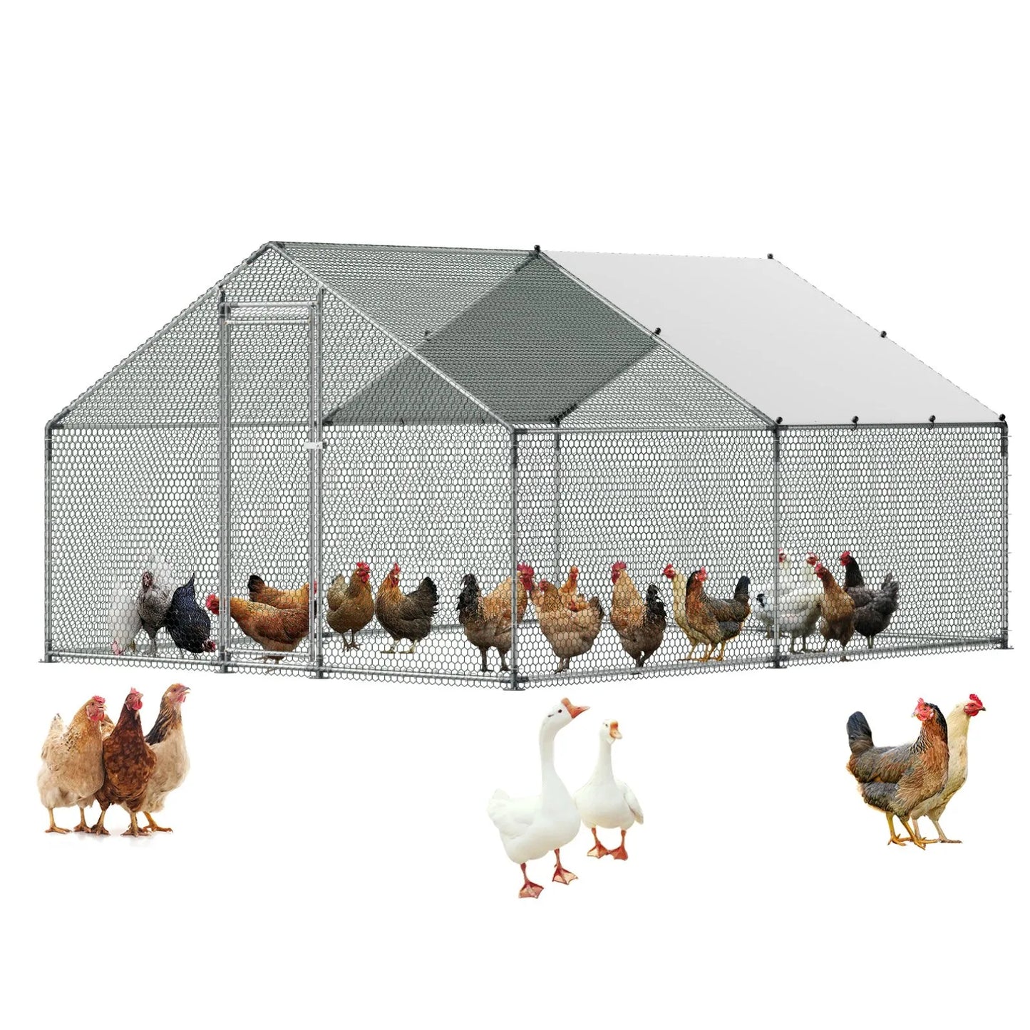VEVOR Large Metal Chicken Coop, 9.8 x 13.1 x 6.6 ft, Walk-in Chicken Runs with Waterproof Cover, Spire Roof Hen House Enclosure with Lock, Outdoor Duck Rabbit Cage Poultry Pen for Backyard, Farm, Yard