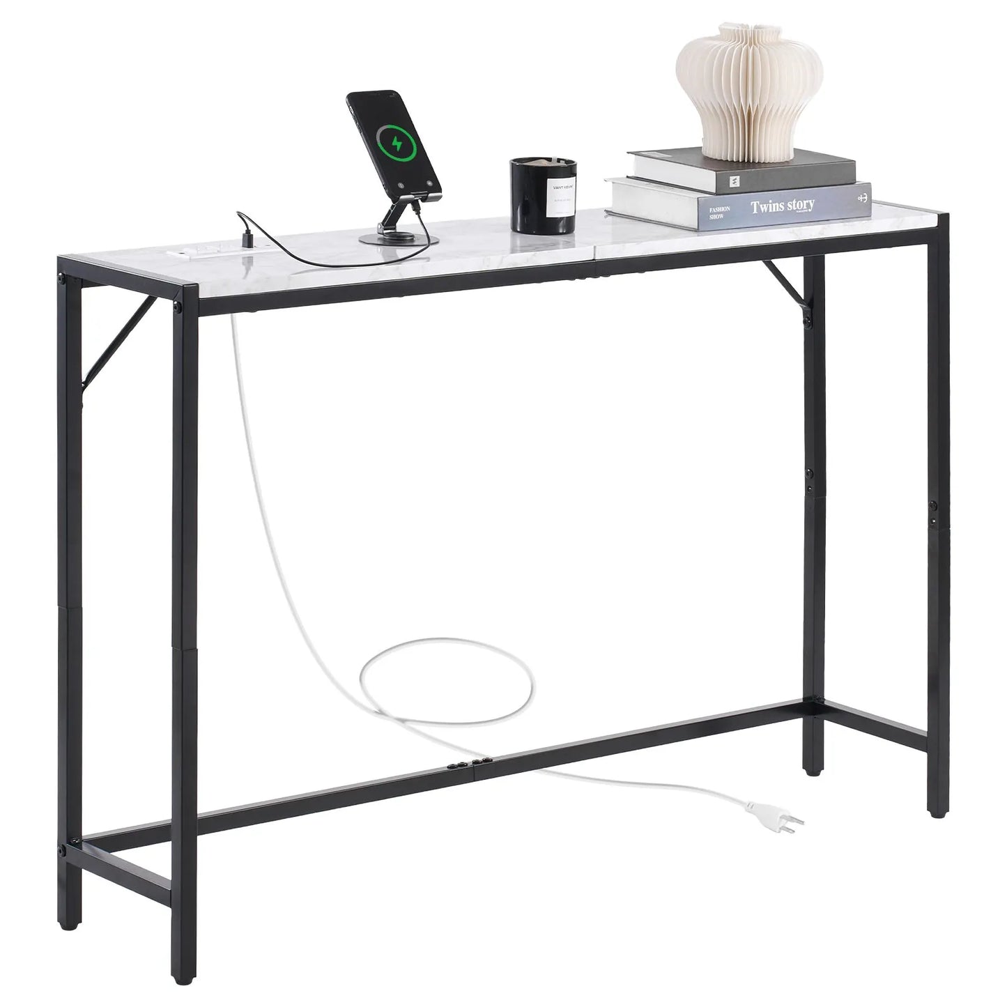 Marble Console Table Modern Narrow Long Console Table with Power Outlet