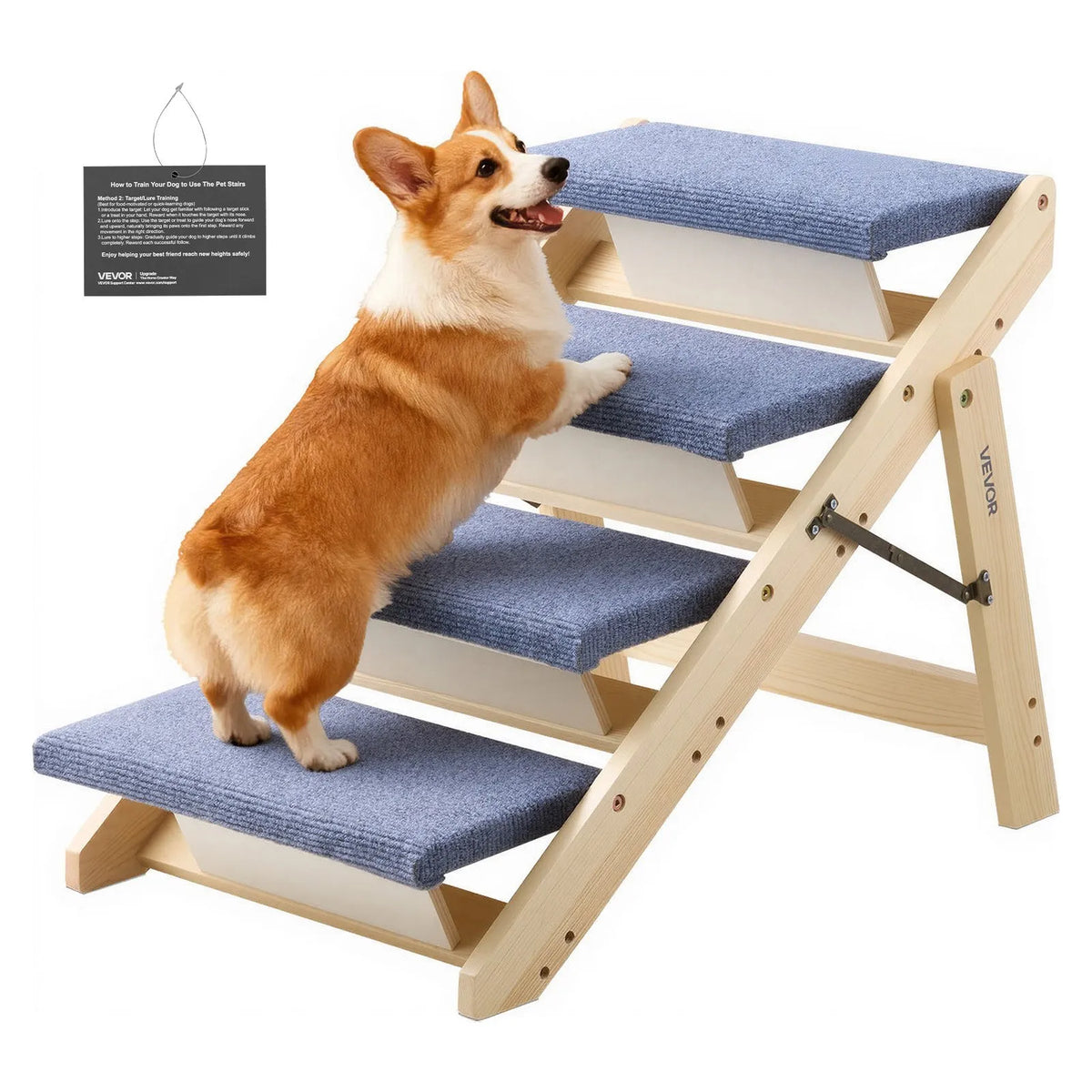 VEVOR Wood Pet Stairs, 4-Step Dog Stairs for Beds, Sofa & Cars, 150lbs Load Capacity, Floded Flat Design, Stable & Sturdy Cat & Dog Step Ladder for Small Medium Large Older Pet Puppy Essentials