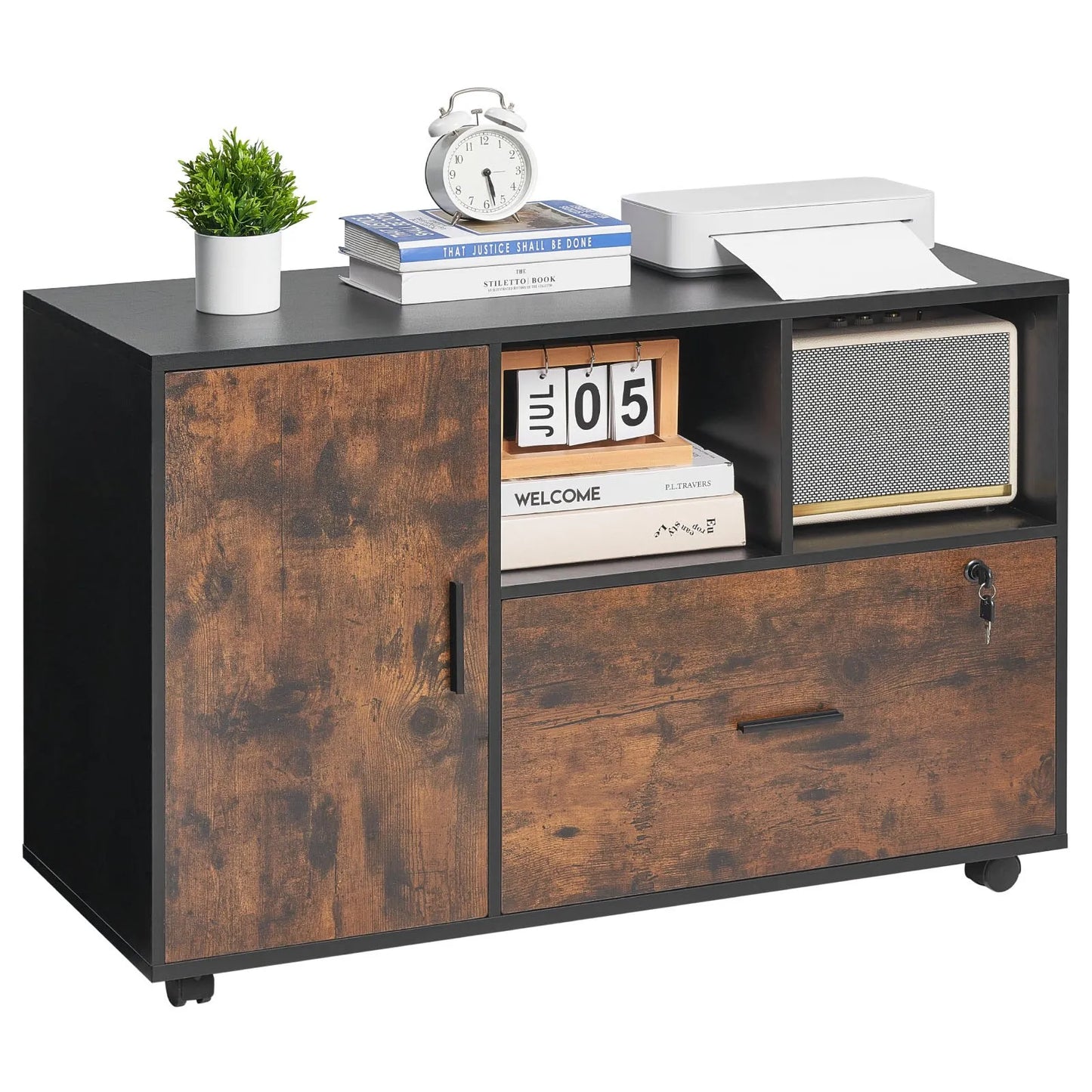 VEVOR Wood File Cabinet, Mobile Filing Cabinet with Open Shelves, Lockable Lateral Rolling File Storage with Adjustable Shelves, Free Standing Printer Stand for Home, Office, School, Rustic Brown