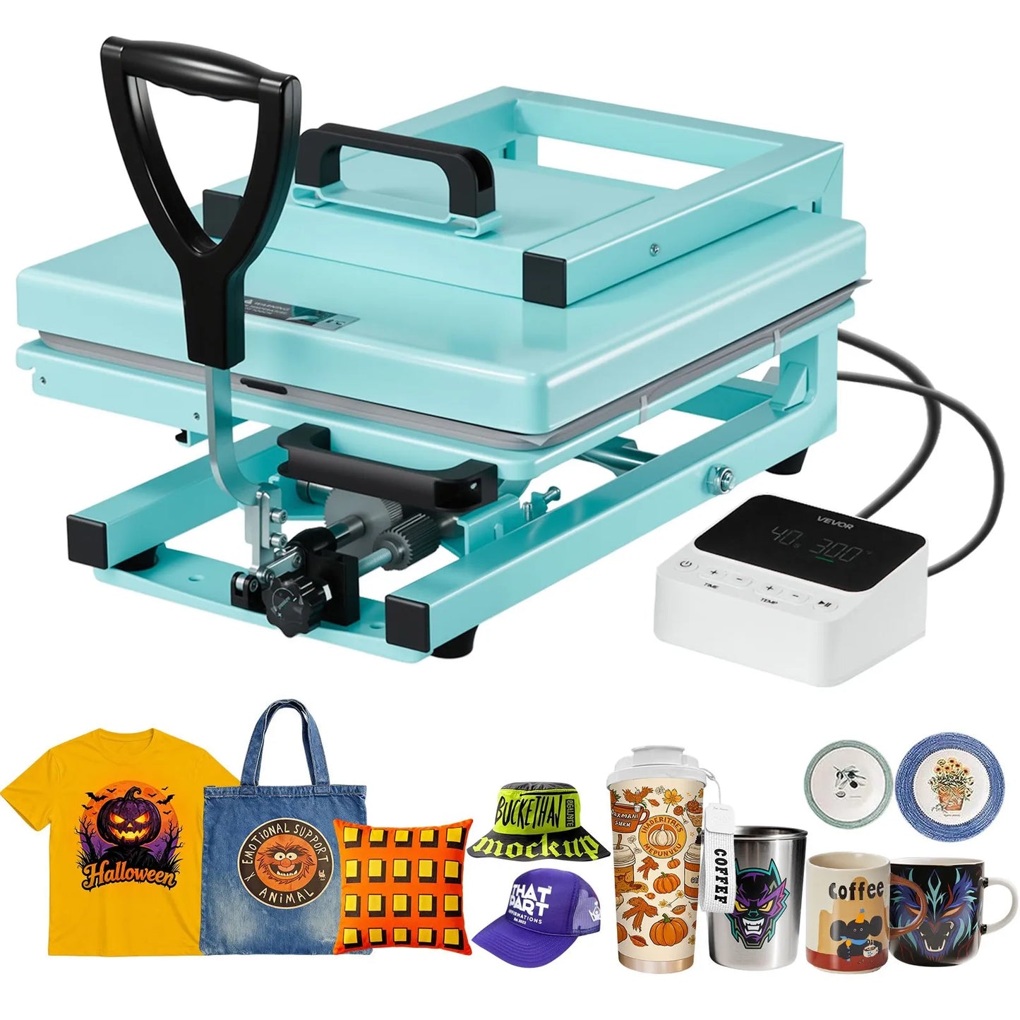 VEVOR Heat Press Machine, 15 x 15 inch, 8-in-1 Multifunction, Heat Up Fast and Even, All-New Patented Design, Easy to Control, Sublimation Press Machine for T-shirts/Tumblers/Caps/Plates, Light Green