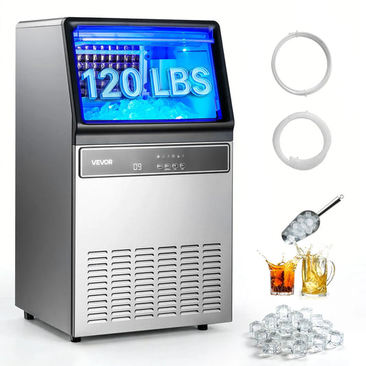 VEVOR Commercial Ice Maker Machine, 130Lbs/24H with 33Lbs Storage, 45 Cubes per Cycle, Stainless Steel Freestanding & Under Counter Ice Maker with LED Display & Self-Cleaning, for Home Bar Restaurant