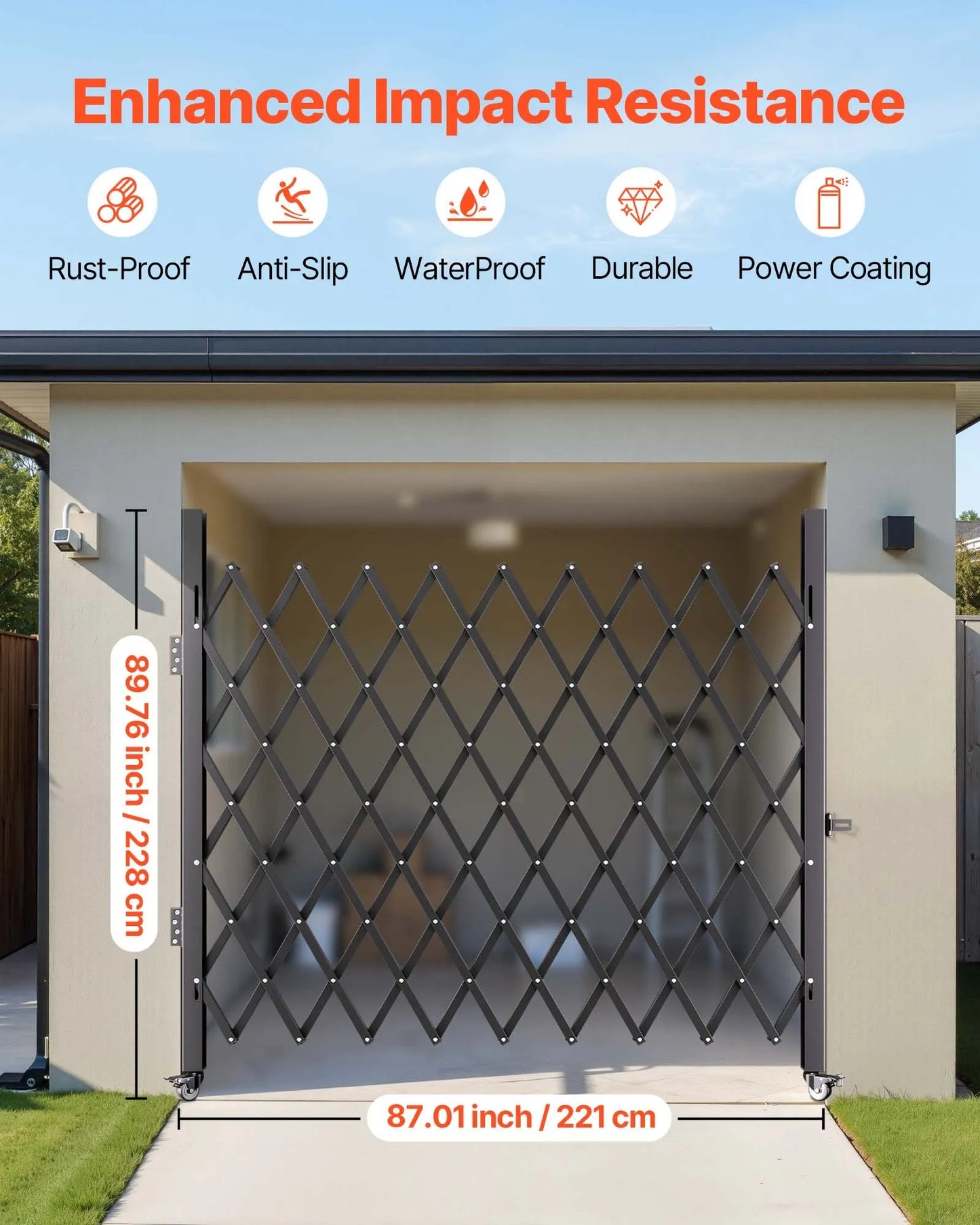 VEVOR Single Folding Security Gate, 7.1'H x 7.9' W （85 x 95 inch）Folding Door Gate, Steel Accordion Security Gate, Flexible Expanding Security Gate, 360° Rolling Barricade Gate, Scissor Gate/Door with Padlock