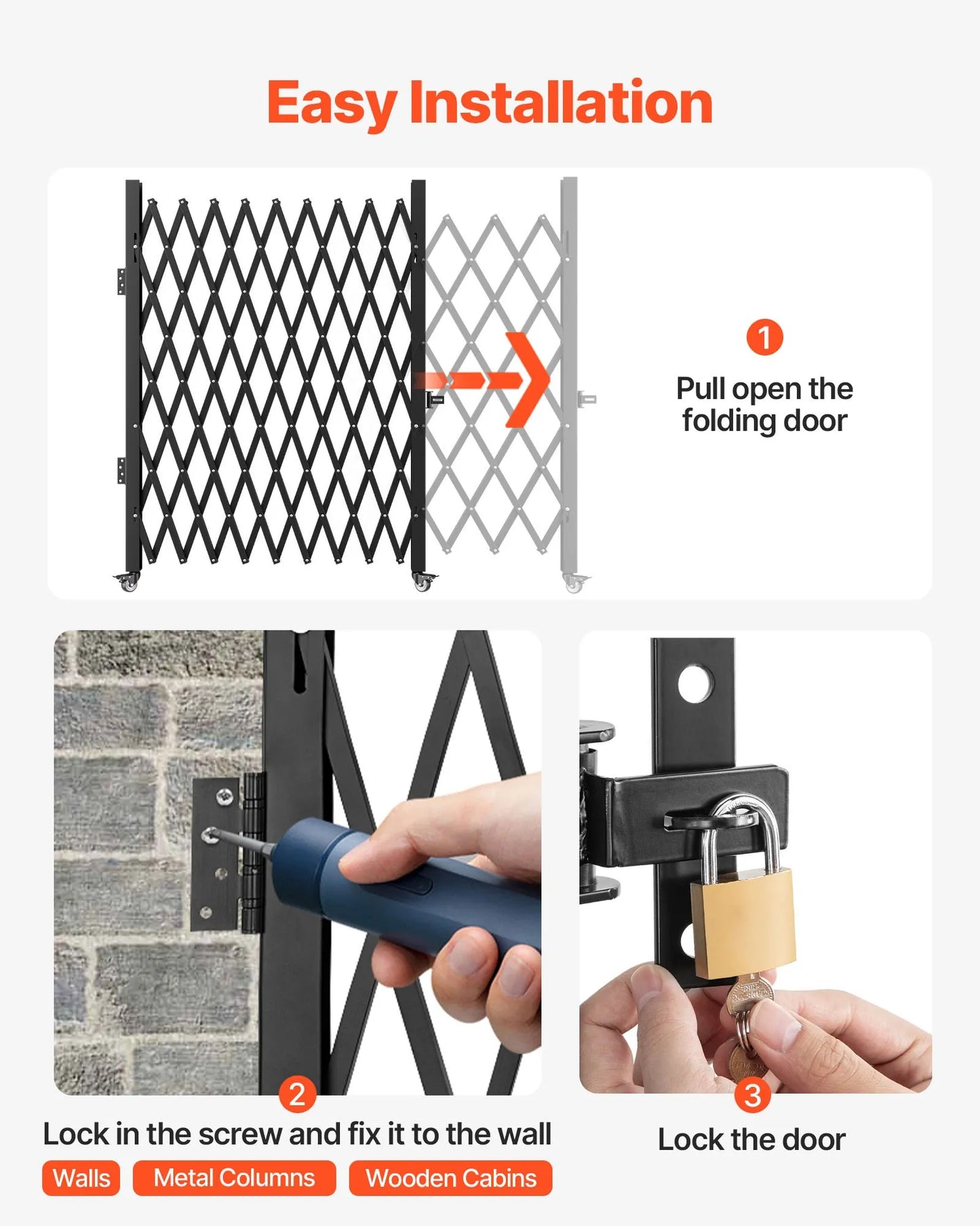 VEVOR Single Folding Security Gate, 7.1'H x 7.9' W （85 x 95 inch）Folding Door Gate, Steel Accordion Security Gate, Flexible Expanding Security Gate, 360° Rolling Barricade Gate, Scissor Gate/Door with Padlock