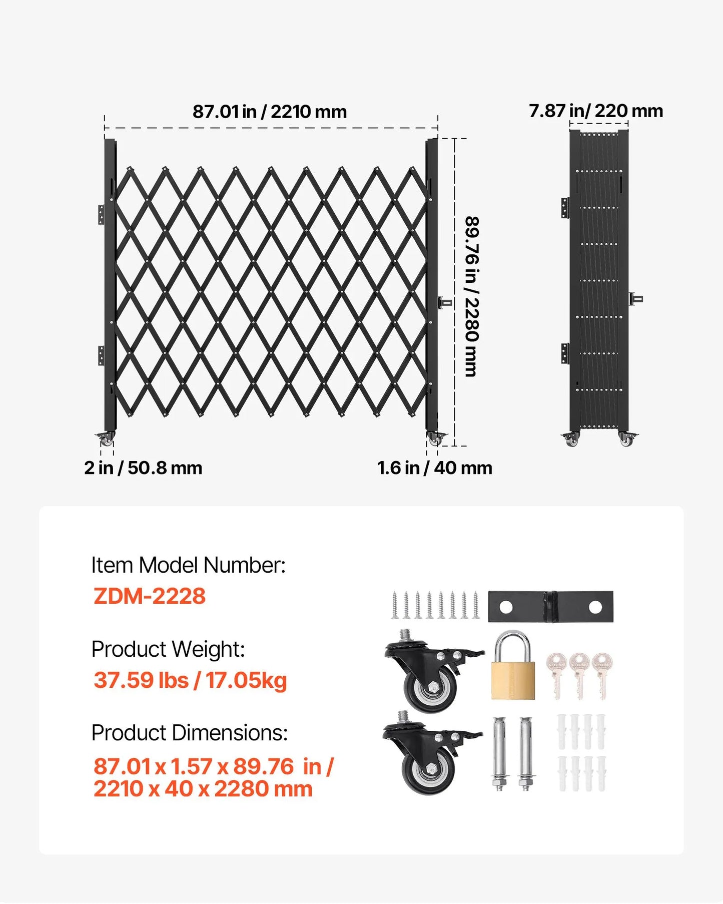 VEVOR Single Folding Security Gate, 7.1'H x 7.9' W （85 x 95 inch）Folding Door Gate, Steel Accordion Security Gate, Flexible Expanding Security Gate, 360° Rolling Barricade Gate, Scissor Gate/Door with Padlock