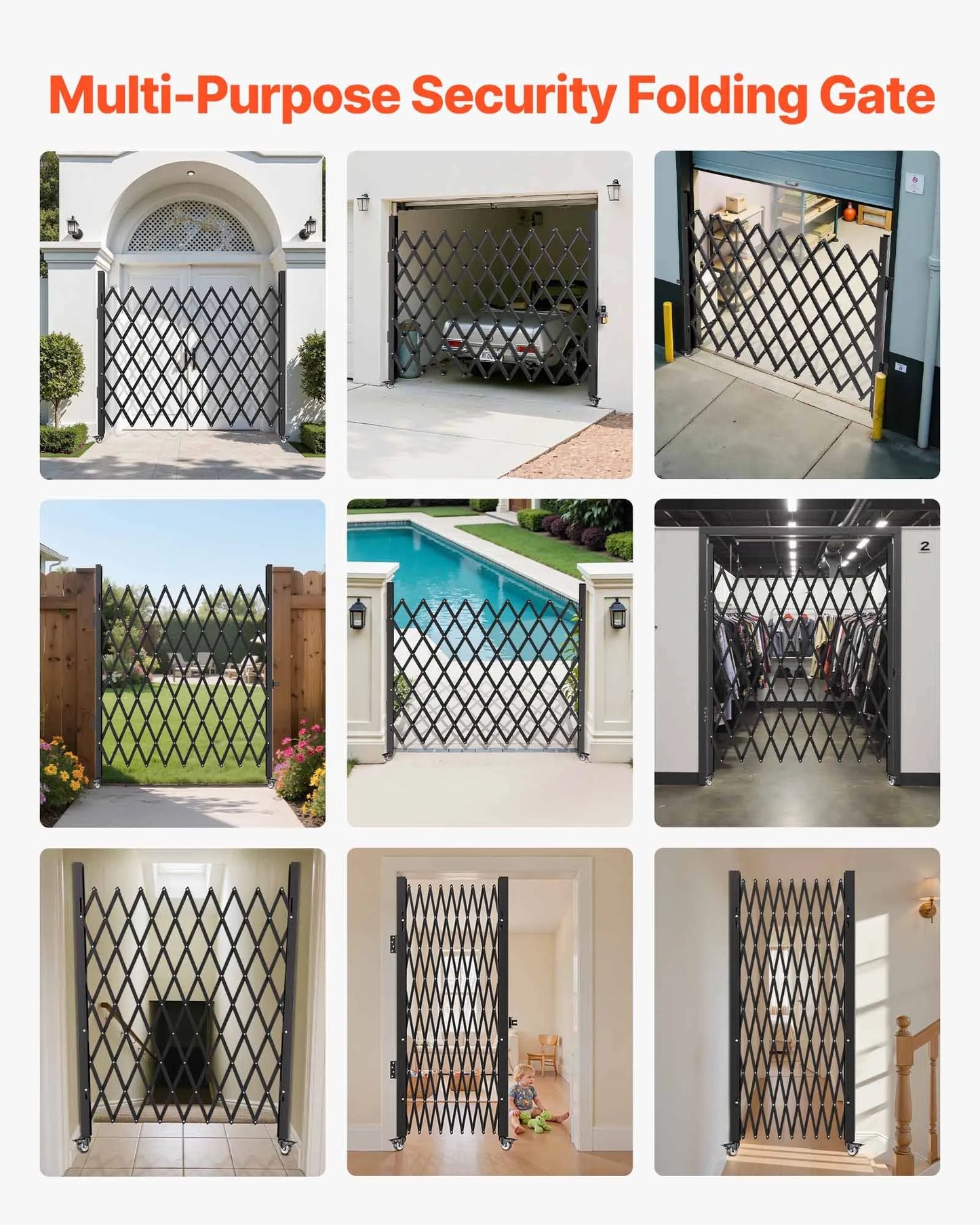 VEVOR Single Folding Security Gate, 7.1'H x 7.9' W （85 x 95 inch）Folding Door Gate, Steel Accordion Security Gate, Flexible Expanding Security Gate, 360° Rolling Barricade Gate, Scissor Gate/Door with Padlock