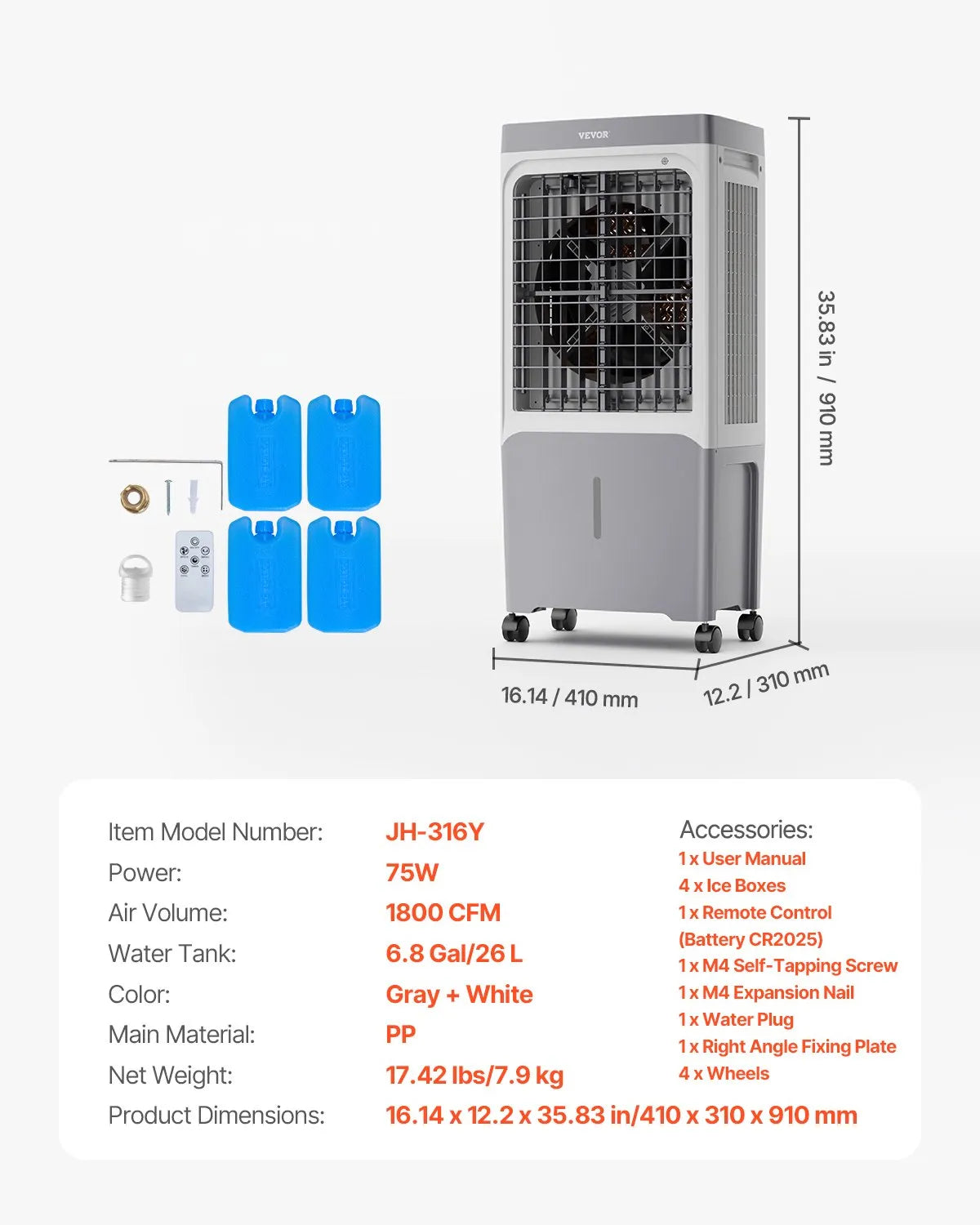 VEVOR Evaporative Air Cooler, 1800 CFM with 6.8 Gallon Water Tank Swamp Cooler, Portable Cooling Fan with Remote Control, 12H Timer, 4 Ice Boxes, Quiet Operation, 3 Wind Speeds for Outdoor Indoor Use