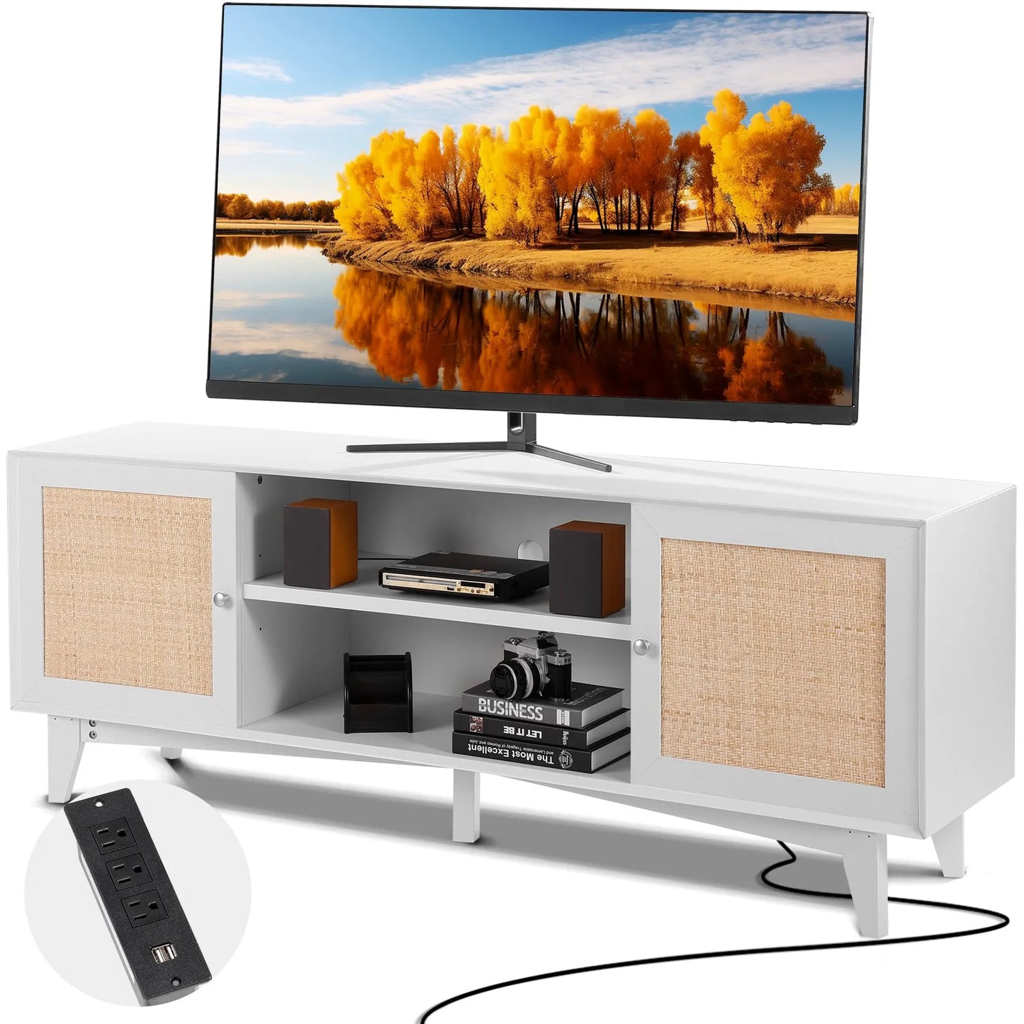 VEVOR Rattan TV Stand for 75in TV, Boho TV Stand with Rattan Door, Entertainment Center with Build-in Socket, Storage Cabinet with 2 Shelves, Modern TV Console for Living Room, Media Room, White