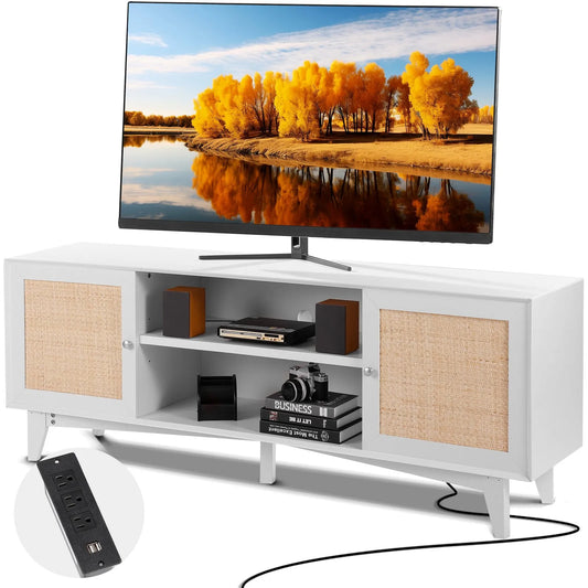 VEVOR Rattan TV Stand for 75in TV, Boho TV Stand with Rattan Door, Entertainment Center with Build-in Socket, Storage Cabinet with 2 Shelves, Modern TV Console for Living Room, Media Room, White