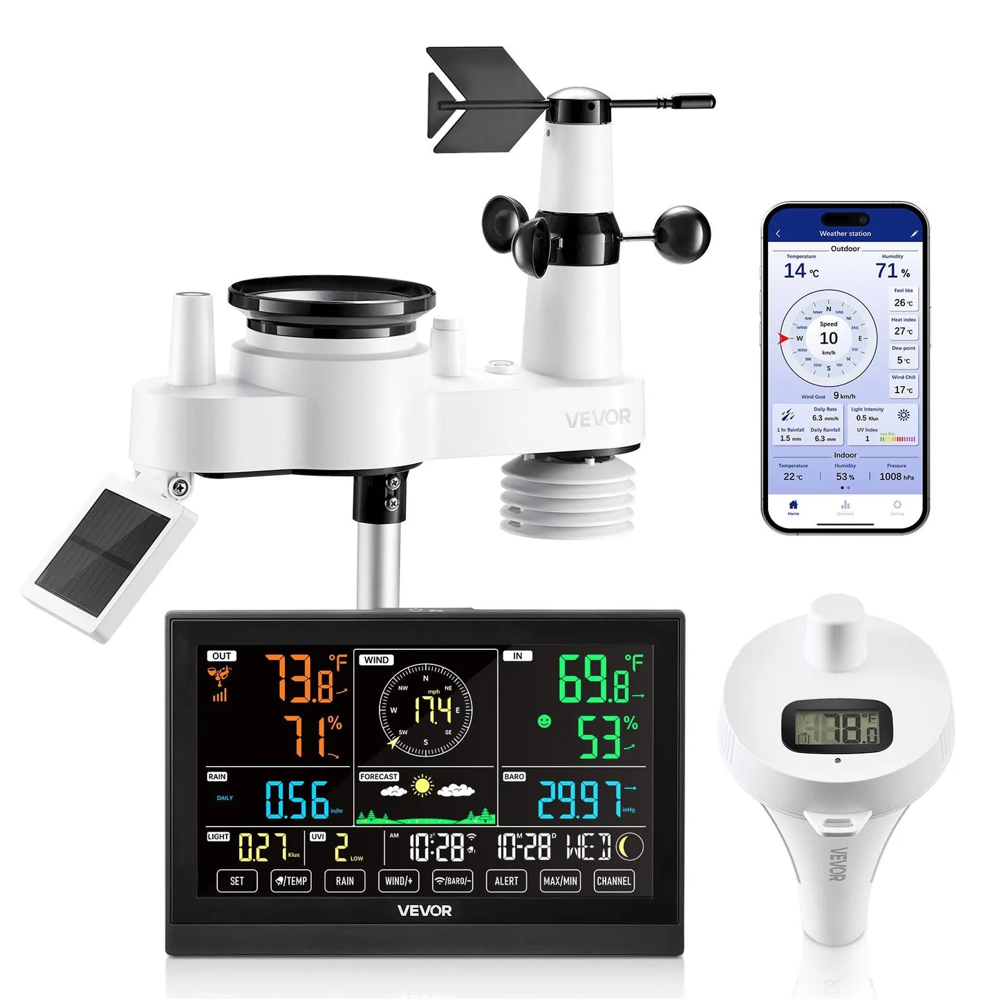 VEVOR 7-in-1 Wi-Fi Weather Station with APP, 7.5 in Display, Wireless Solar Powered Outdoor Sensor, with Pool Thermometer, Rain Gauge, Indoor Outdoor for Weather Forecast, Wind Speed, Pool Temperature