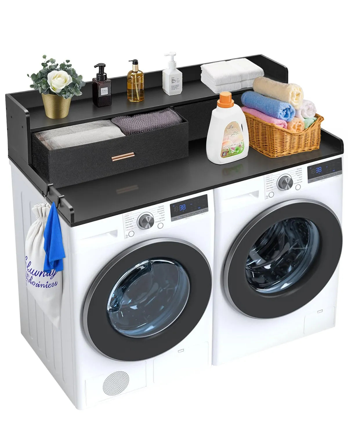 Washer Dryer Countertop, 27.5" Depth x 54" Width, Washer Dryer Wood Top for Laundry Room Organization with 2 Drawers & Shelf